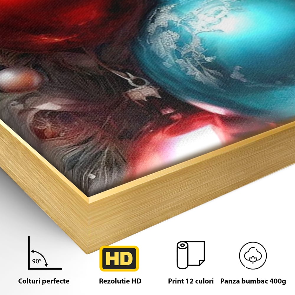 Detaliu al suprafetei: tablou canvas cu globuri de craciun, in rama de aluminiu auriu